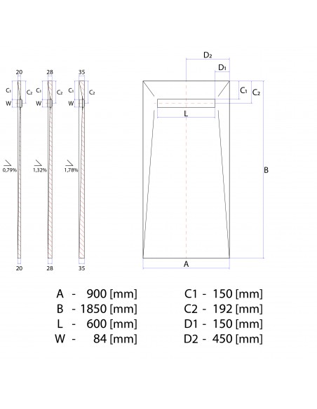 Technical Diagram of Showerlay Wiper 900 x 1850 mm Line Ponente