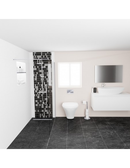 Example of compact bathroom with open corner shower in contrast color scheme black and white