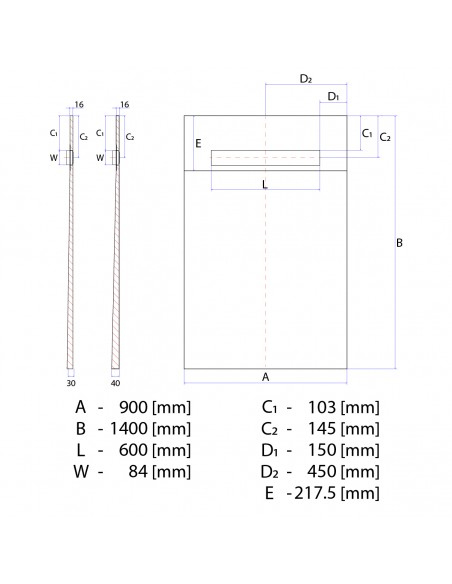 Technical Diagram of OneWay Fall Showerlay Wiper 900 x 1400 mm Line Mistral
