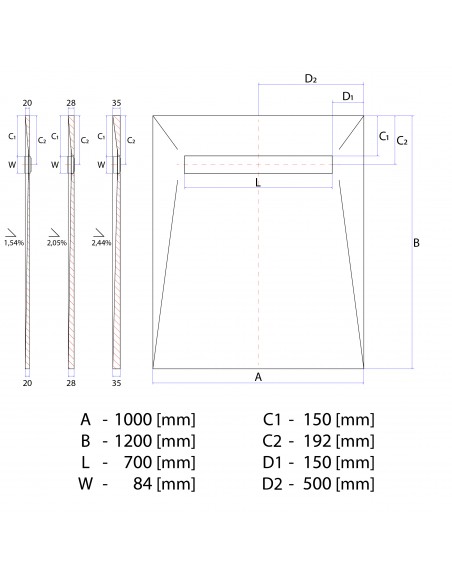 Technical Diagram of Showerlay Wiper 1000 x 1200 mm Line Pure