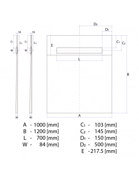 Technical Diagram of OneWay Fall Showerlay Wiper 1000 x 1200 mm Line Pure