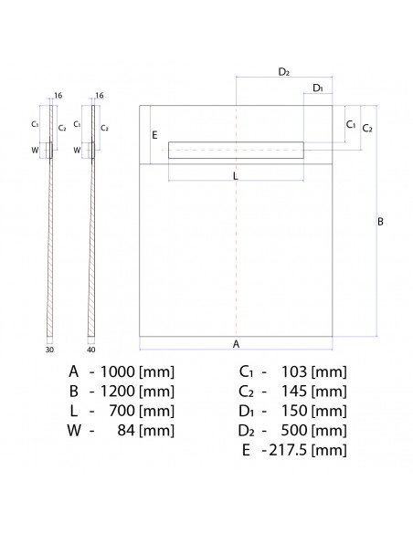 Technical Diagram of OneWay Fall Showerlay Wiper 1000 x 1200 mm Line Zonda