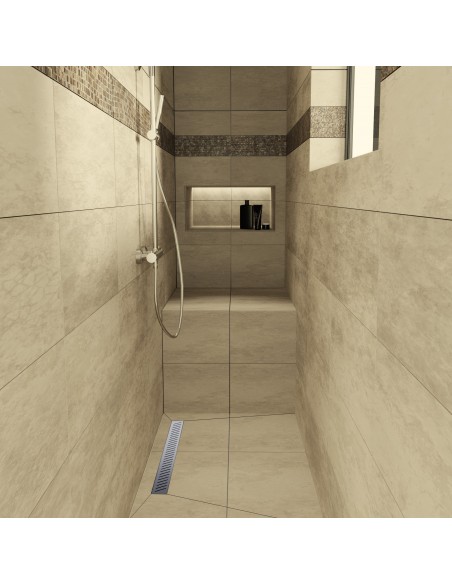 Narrow but cozy shower area with bright large format tiles including a shower shower seat