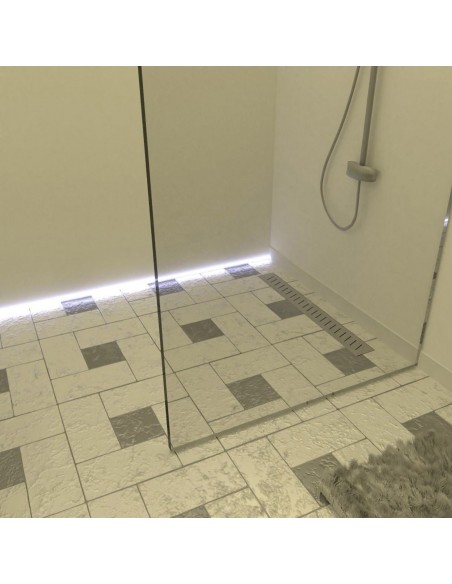 Example of traditional walk-in shower area with glass wall finished with light-colored tiles in white and grey