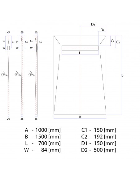 Technical Diagram of Showerlay Wiper 1000 x 1500 mm Line Ponente