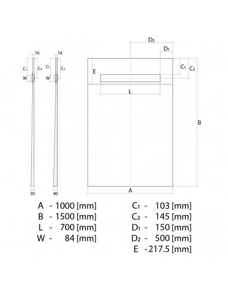Technical Diagram of OneWay Fall Showerlay Wiper 1000 x 1500 mm Line Zonda