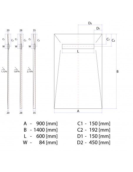 Technical Diagram of Showerlay Wiper 900 x 1400 mm Line Pure