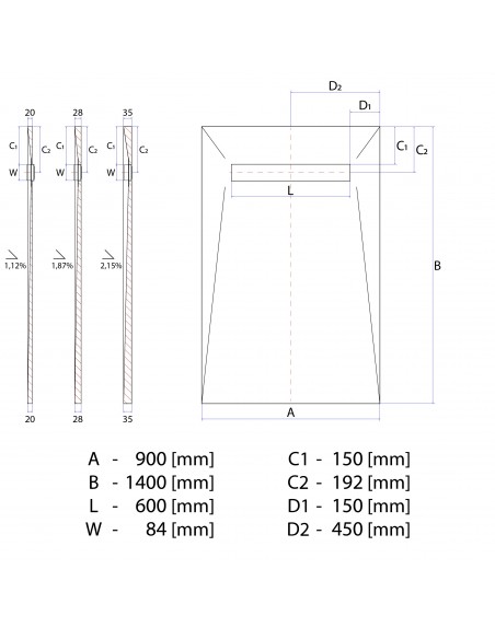 Technical Diagram of Showerlay Wiper 900 x 1400 mm Line Zonda