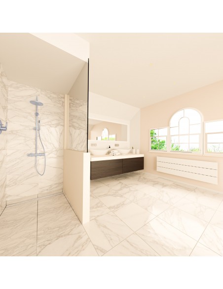 Bright bathroom concept with open shower area, finished with large-format tiles accessories in Silver