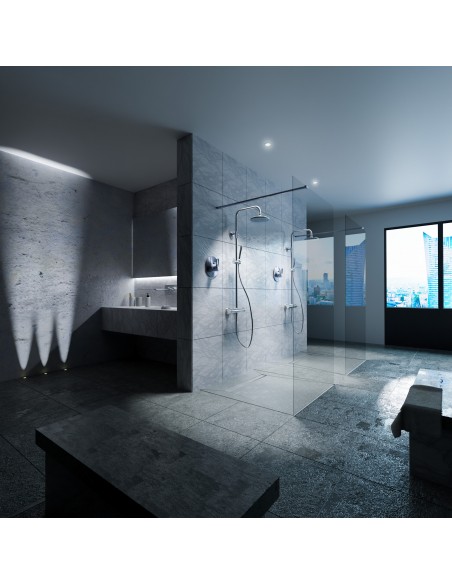 Aesthetic bathroom in blue-grey with a spacious double shower and fittings in Silver