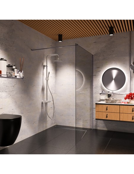 Bathroom inspiration in a dark colour concept combined with warm wooden elements and fittings in Silver