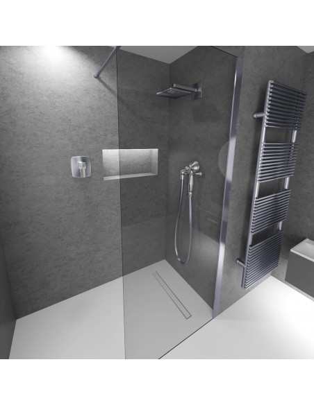 Modern shower room with gray walls and light microcement flooring, combined with bathroom fittings in Silver - tiled cover side