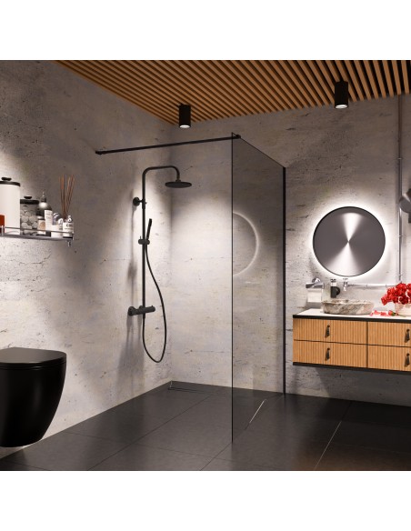 Bathroom inspiration in a dark colour concept combined with warm wooden elements and fittings in Black
