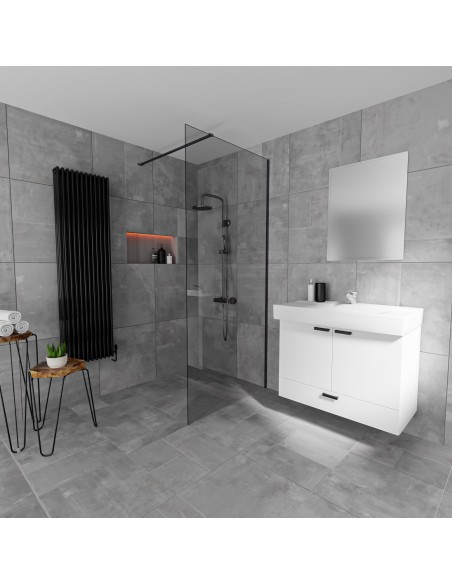 Timeless bathroom in washed-out gray and a walk-in shower area with linear drain in Black