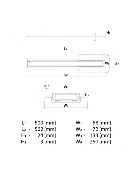 Technical diagram: Linear drain 500 mm Wiper MCR Ponente PVD Gold