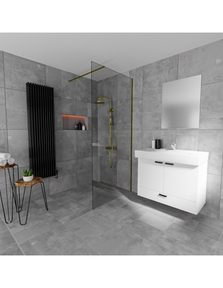 Timeless bathroom in washed-out gray and a walk-in shower area with linear drain in Gold