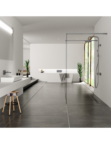 Luxurious bathroom in black and white color scheme including a walk-in shower in the middle of the room