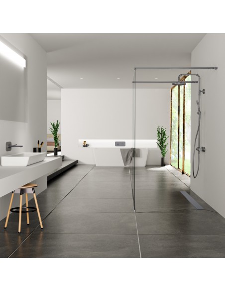 Luxurious bathroom in black and white color scheme including a walk-in shower in the middle of the room