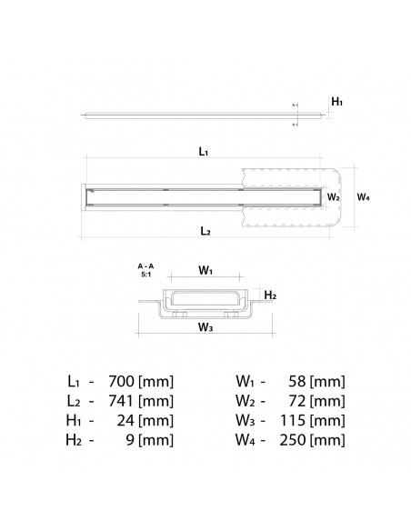 Technical diagram: Linear drain Wiper 700 mm Elite PVD Ponente Brass