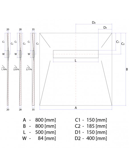 Technical diagram: Showerlay Wiper 800 x 800 mm Elite PVD Pure Brass