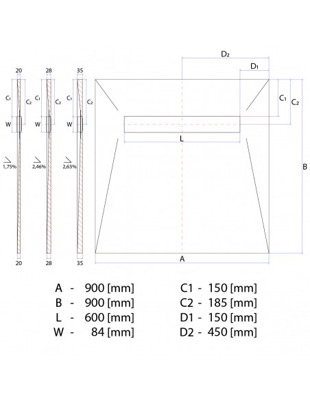 Technical diagram: Showerlay Wiper 900 x 900 mm Elite PVD Pure Brass