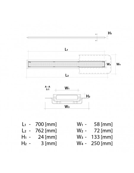 Technical diagram: Linear drain 700 mm Wiper MCR Sirocco PVD Black