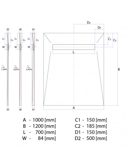 Technical diagram: Showerlay Wiper 1000 x 1200 mm Elite PVD Pure Brass