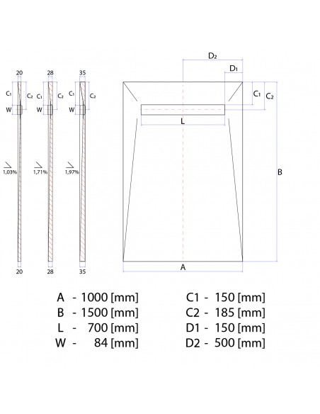 Technical diagram: Showerlay Wiper 1000 x 1500 mm Elite PVD Pure Brass
