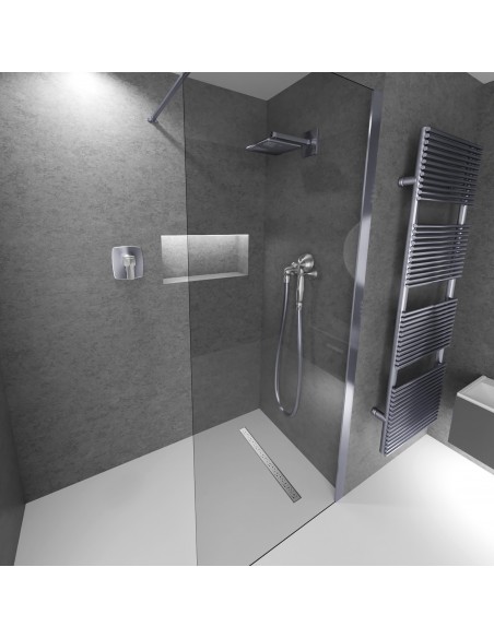 Modern shower room with gray walls and light microcement flooring, combined with bathroom fittings in Silver