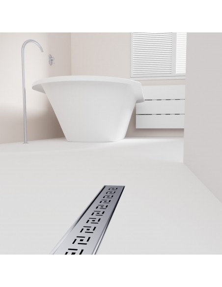 Open bathroom with bathtub and integrated shower drain in Silver in light microcement flooring