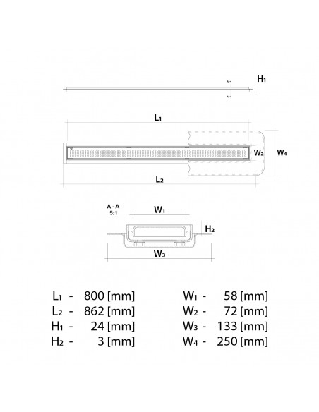 Technical diagram: Linear drain 800 mm Wiper MCR Sirocco PVD Silver