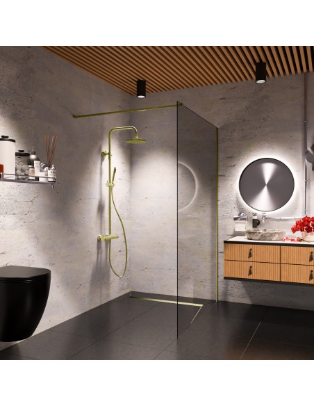 Bathroom inspiration in a dark colour concept combined with warm wooden elements and fittings in Gold
