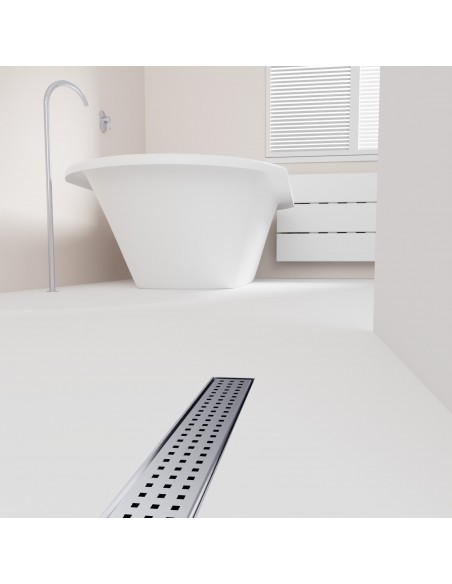 Open bathroom with bathtub and integrated shower drain in Silver in light microcement flooring