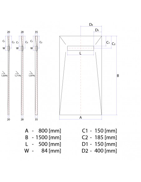 Technical diagram: Showerlay Wiper 800 x 1500 mm Elite PVD Pure Gold