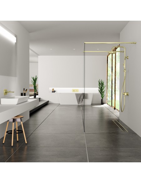 Luxurious bathroom in black and white color scheme including a walk-in shower in the middle of the room
