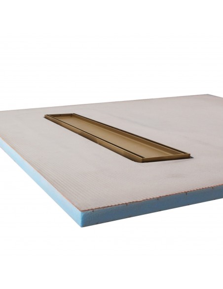 Side view of shower tray with integrated 500 mm Gold linear drain and Pure cover