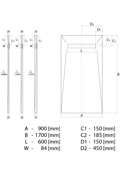 Technical diagram: Showerlay Wiper 900 x 1700 mm Elite PVD Pure Gold