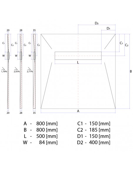 Technical diagram: Showerlay Wiper 800 x 800 mm Elite PVD Ponente Silver