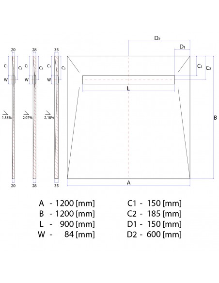 Technical diagram: Showerlay Wiper 1200 x 1200 mm Elite PVD Ponente Silver