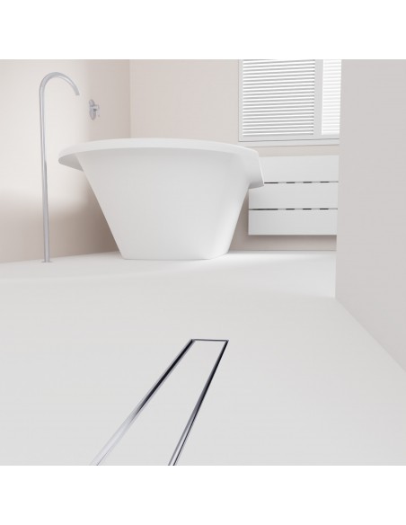 Open bathroom with bathtub and integrated shower drain in Silver in light microcement flooring
