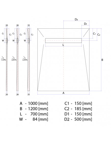 Technical diagram: Showerlay Wiper 1000 x 1200 mm Elite PVD Ponente Silver