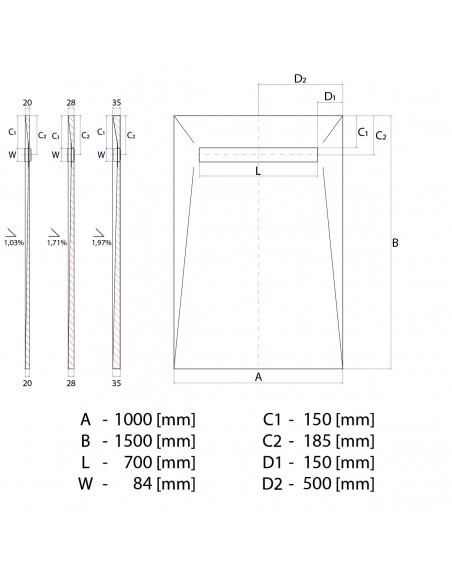 Technical diagram: Showerlay Wiper 1000 x 1500 mm Elite PVD Ponente Silver