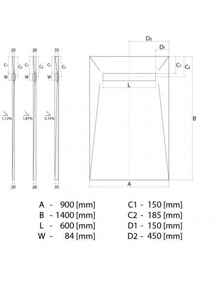 Technical diagram: Showerlay Wiper 900 x 1400 mm Elite PVD Ponente Silver