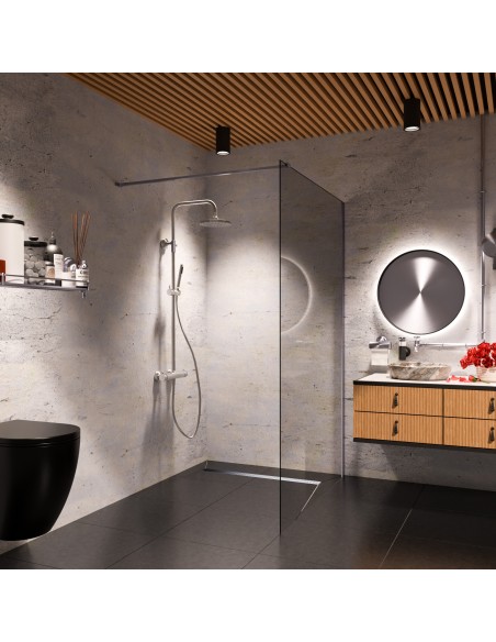 Bathroom inspiration in a dark colour concept combined with warm wooden elements and fittings in Silver