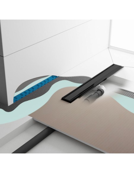Modern Minimalist Wet Room with Showerlay Elite PVD Ponente Black, showing installation layers