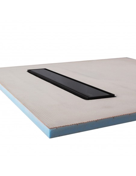Side view of shower tray with integrated 700 mm Black linear drain and Ponente cover