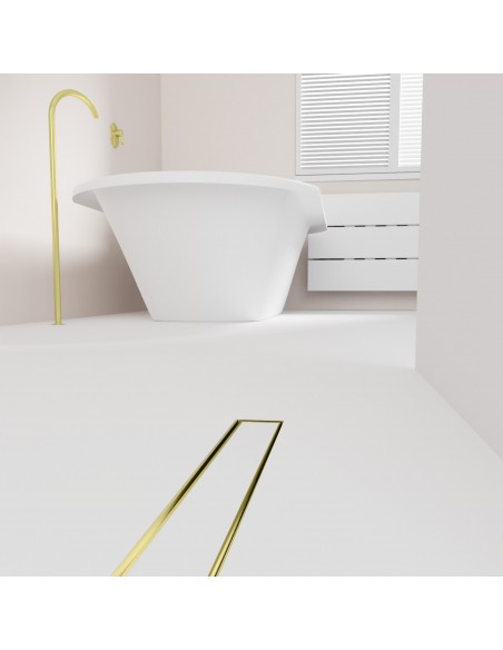 Open bathroom with bathtub and integrated shower drain in Gold in light microcement flooring - tiled cover side