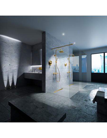 Aesthetic bathroom in blue-grey with a spacious double shower and fittings in Brass