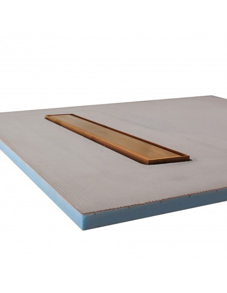 Side view of shower tray with integrated 500 mm Brass linear drain and Ponente cover