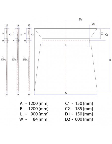 Technical diagram: Showerlay Wiper 1200 x 1200 mm Elite PVD Ponente Brass